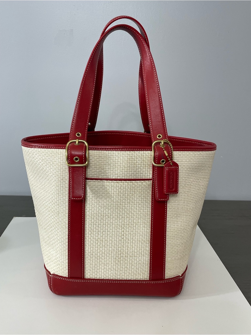 Coach vintage Woven Cream Tote with Red Leather Trim